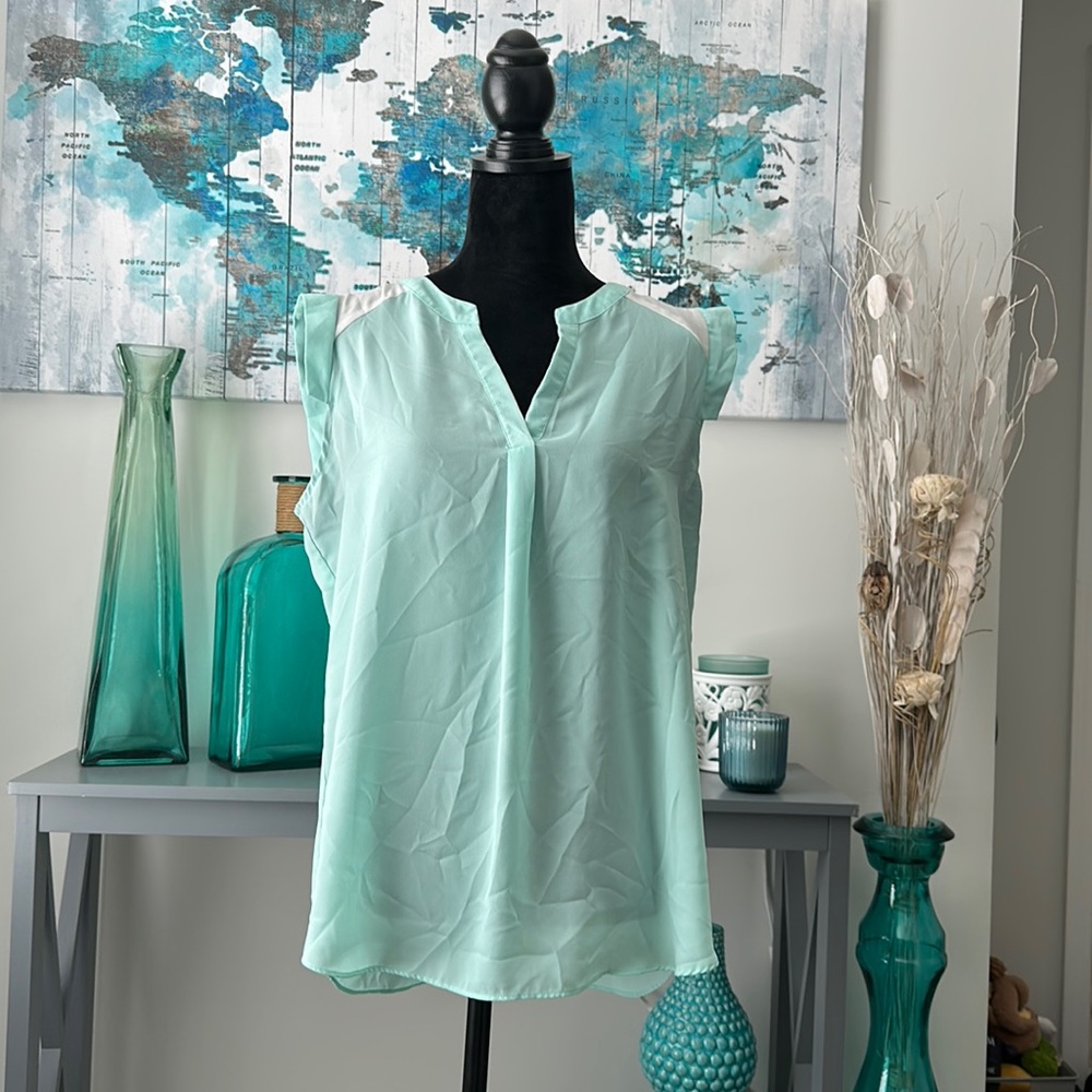 Flowy mint green shirt with short sleeves and a white back. Zac & Rachel.